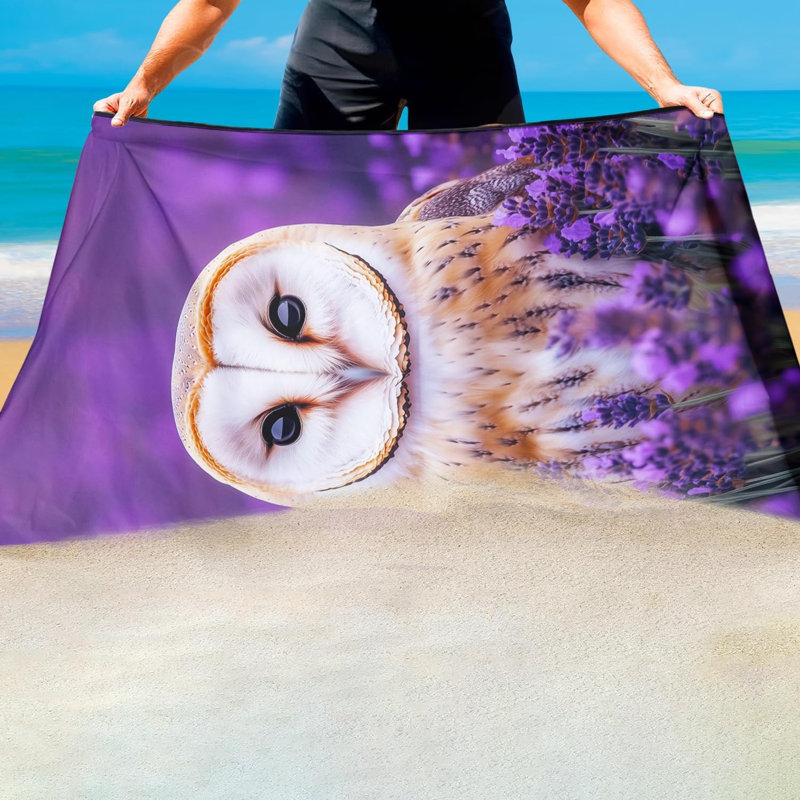 Barn Owl Beach Towel Oversized 60" x 80", Lavender Floral Animal Print, Thin Lightweight Sand Free Quick Dry Microfiber Towels for Beach Yoga Camping Travel