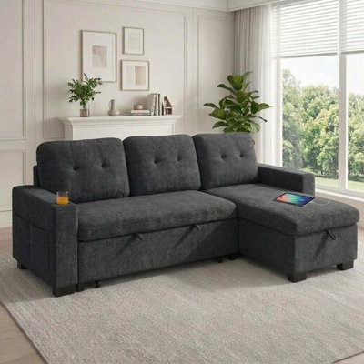 82" Sleeper Sectional Sofa with Pull-Out Bed, Convertible L-Shaped Couch with Reversible Storage Chaise, USB Ports, Cup Holders & Side Table for Living Room, Small Space, Apartment