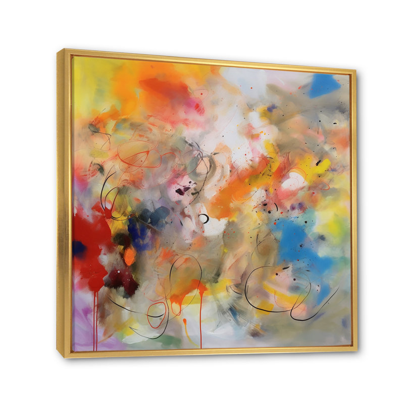 «Blue, Yellow and Orange Colorful Whirls V», reproduction sur toile, H 12 po x l 20 po, Cadre flottant doré