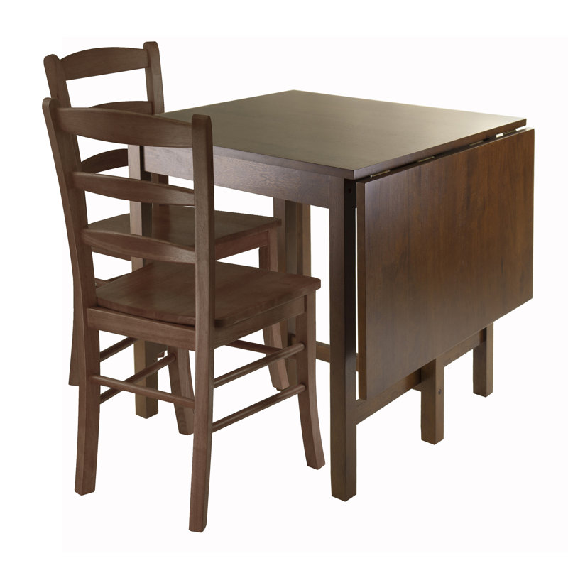 Harada 3 Pieces Walnut Finish Drop Leaf Solid Wood Dining Set, 29.32" H X 47.52" W X 29.56" D, 3 Pieces: 1 Table, 2 Chairs