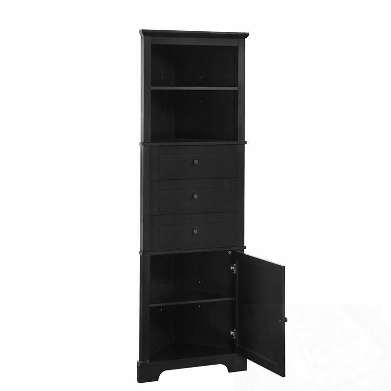 Corner Inglewood Cabinet with 3 Drawers and Adjustable Shelves, Black