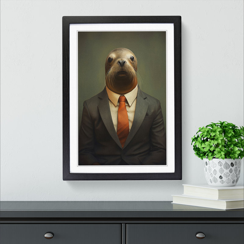 Sea Lion in a Suit Painting - Framed Print, Black , 46cm H x 34cm W x 2cm D