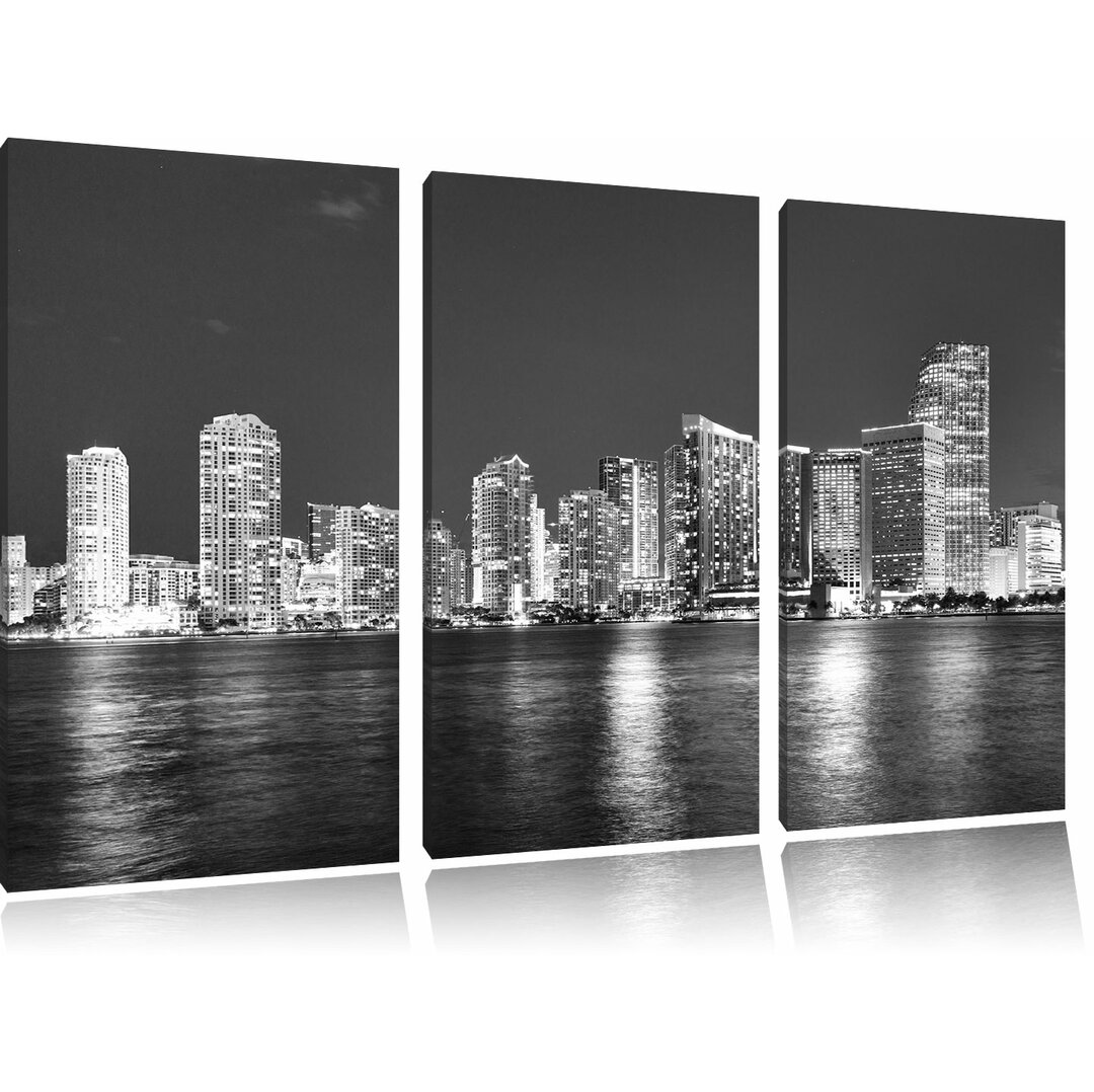 3-tlg. Leinwandbilder-Set „Schöne Nacht-Szene Skyline von Miami Florida“, Fotodruck