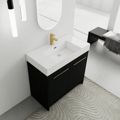 Meuble-lavabo autoportant de 36 po avec lavabo en résine et porte à fermeture douce - conception moderne en châtaignier noir