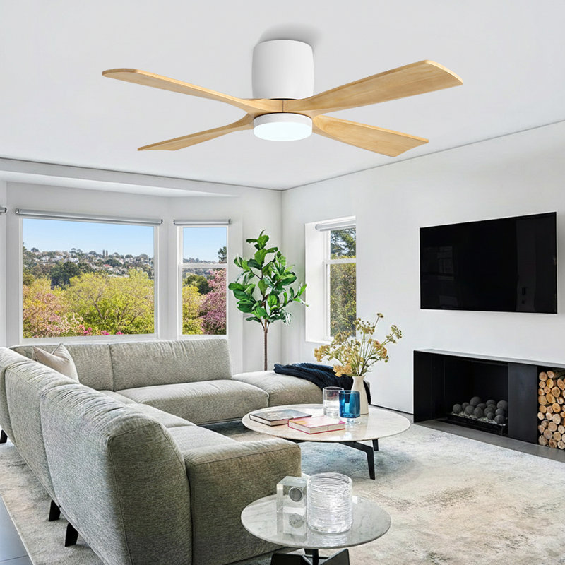 48 po Ventilateur de plafond à 4 pales avec fixation encastrée et télécommande intégrée, Naturel, Blanc