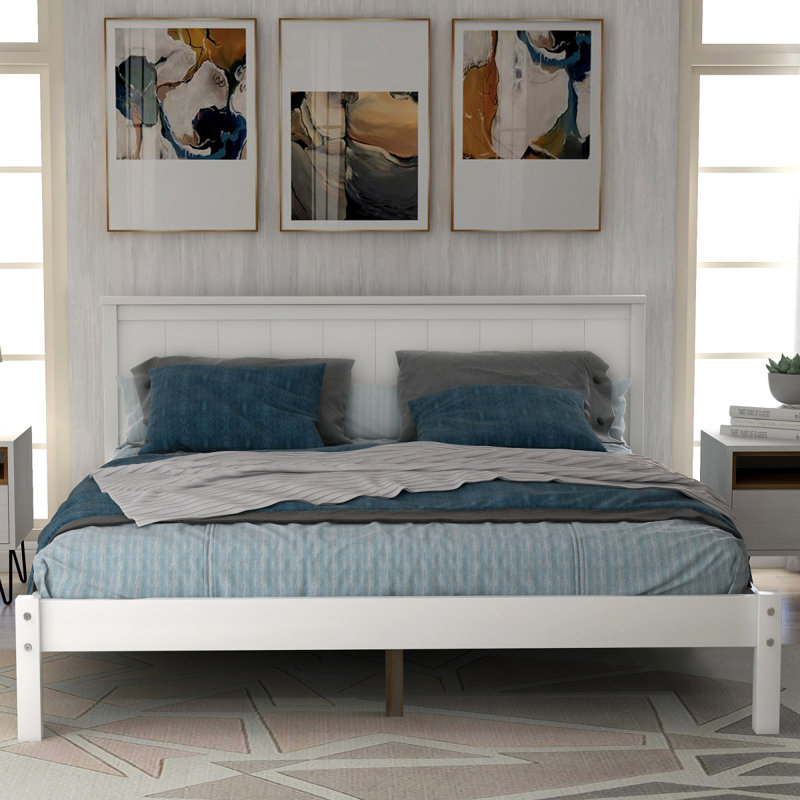 Base de lit plateforme avec tête de lit, support à lattes de bois, aucun sommier requis, lit double, blanc