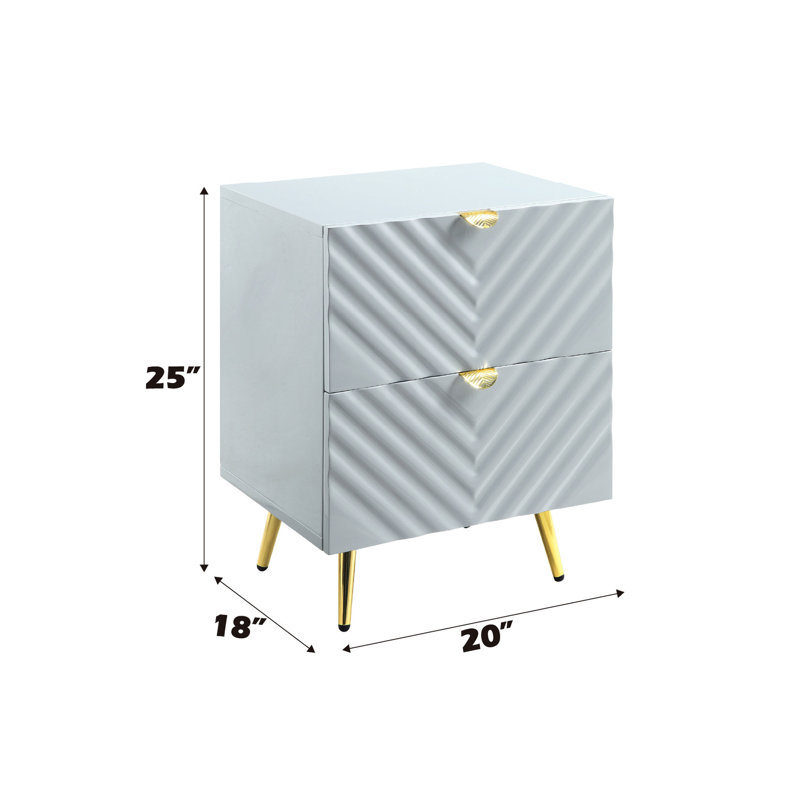 Table de chevet grise ultrabrillante avec possibilités de rangement et cadre de tiroir latéral en métal