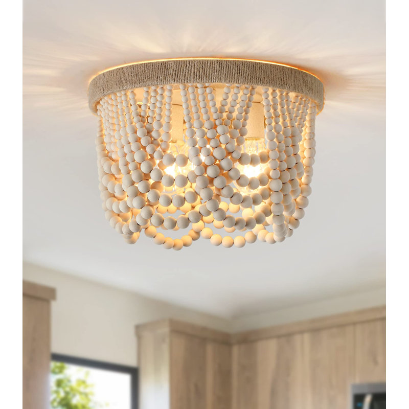 Wood Beaded Flush Mount Ceiling Light Farmhouse Rustic Small Boho Chandelier Light Fixture 3-Lights