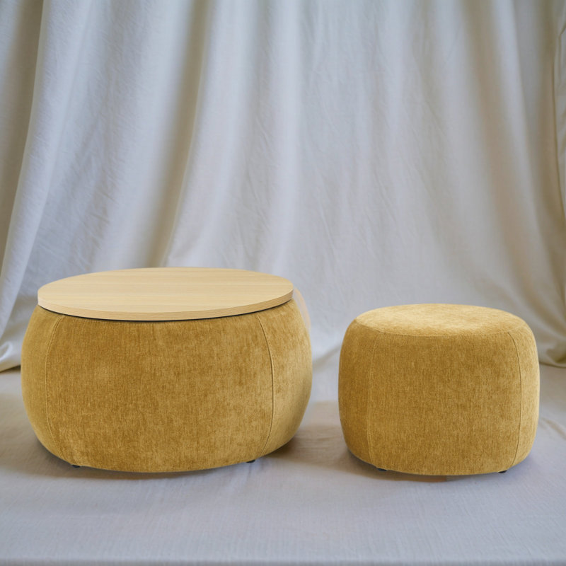 2-In-1Round Fabric Storage Ottoman - Footstool, Seat & End Table In One, Yellow
