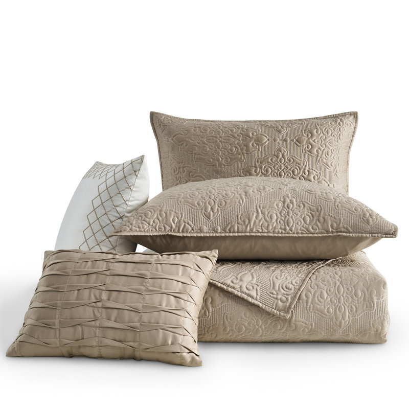 Satin Quilt Set Cooling 5-Piece Bedding Set, Queen Quilt + 4 Additional Pieces, Khaki