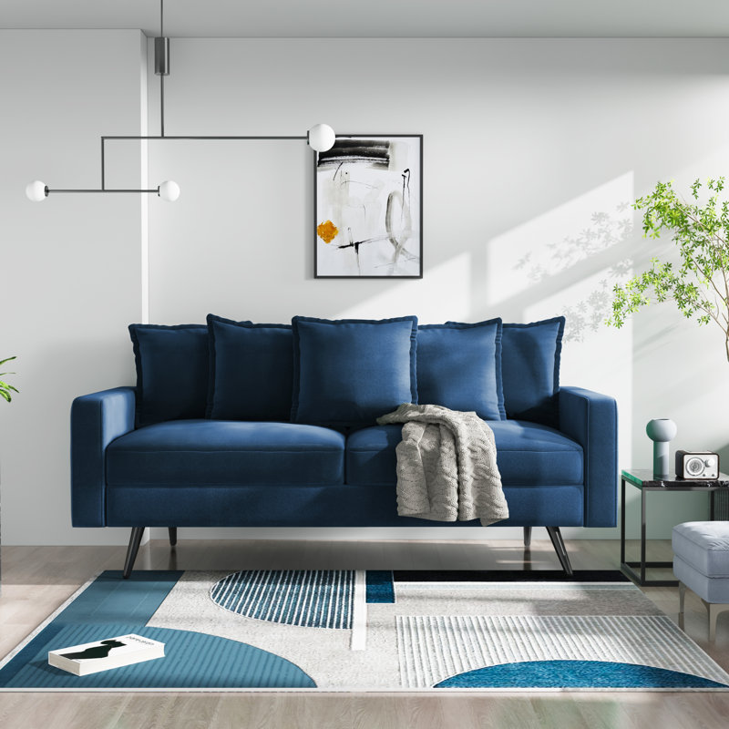 70" Velvet Square Arm Sofa, Space Blue Velvet, Black
