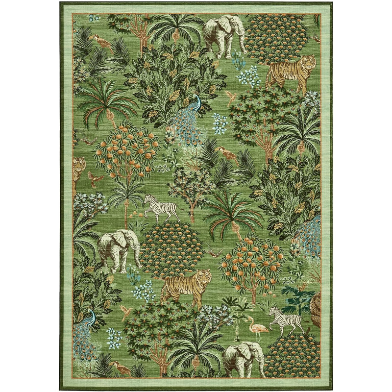 5x7 Jungle Animal Print Rug, Washable, Non-Slip, Low Pile, Forest Design, Stain-Resistant, Large Throw Carpet for Bedroom, Kids, Green.