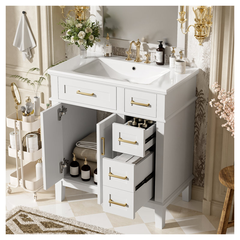 Meuble-lavabo moderne 30 po avec lavabo en céramique - Petit meuble-lavabo blanc avec portes à fermeture douce et rangement à tiroir