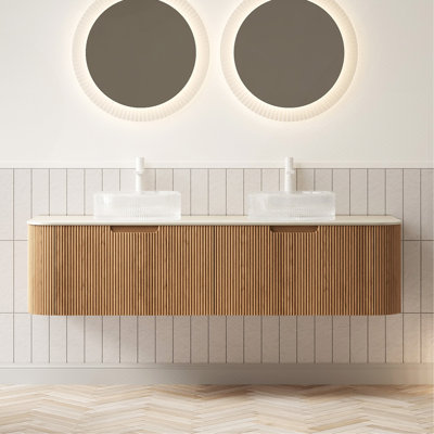 Meuble-lavabo 60 po, meuble-lavabo à rayures arrondies avec 2 tiroirs, 2 lavabos ronds transparents et plateau en pierre frittée à motif de travertin, grain de bois naturel préassemblé