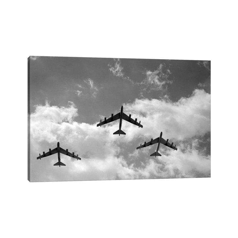 1950s Three B-52 Stratofortress Bomber Airplanes In Flight Formation As Seen From The Ground Directly Over Head - Wrapped Canvas Print