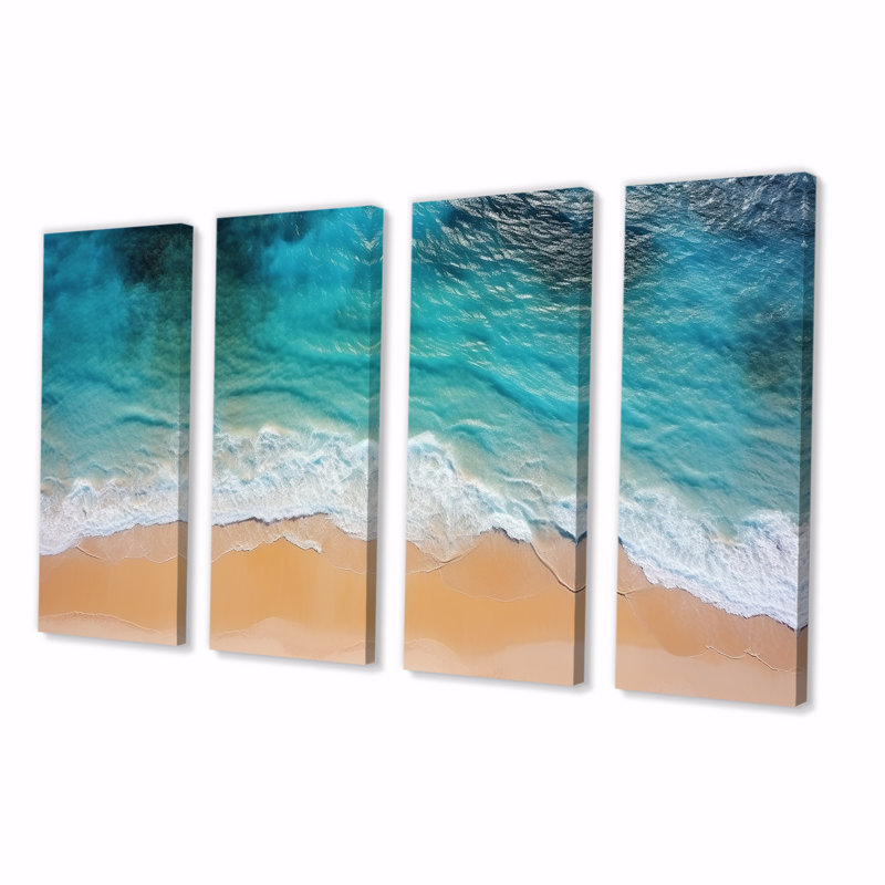 «Blue Tranquility Beach Aériel View III - Coastal Beach», ensemble de 4 pièces d'art mural, H 32 po x l 64 po