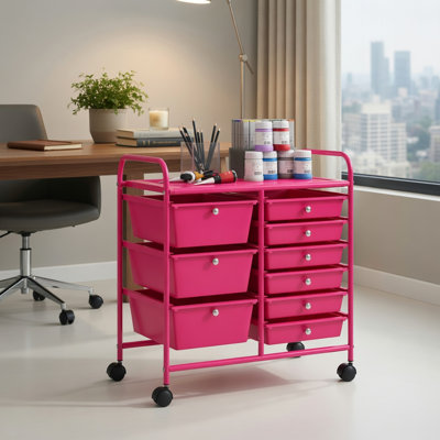  Chariot de rangement roulant 9 tiroirs avec tiroirs en macaron coloré, structure en métal robuste et roulettes verrouillables, rose vif