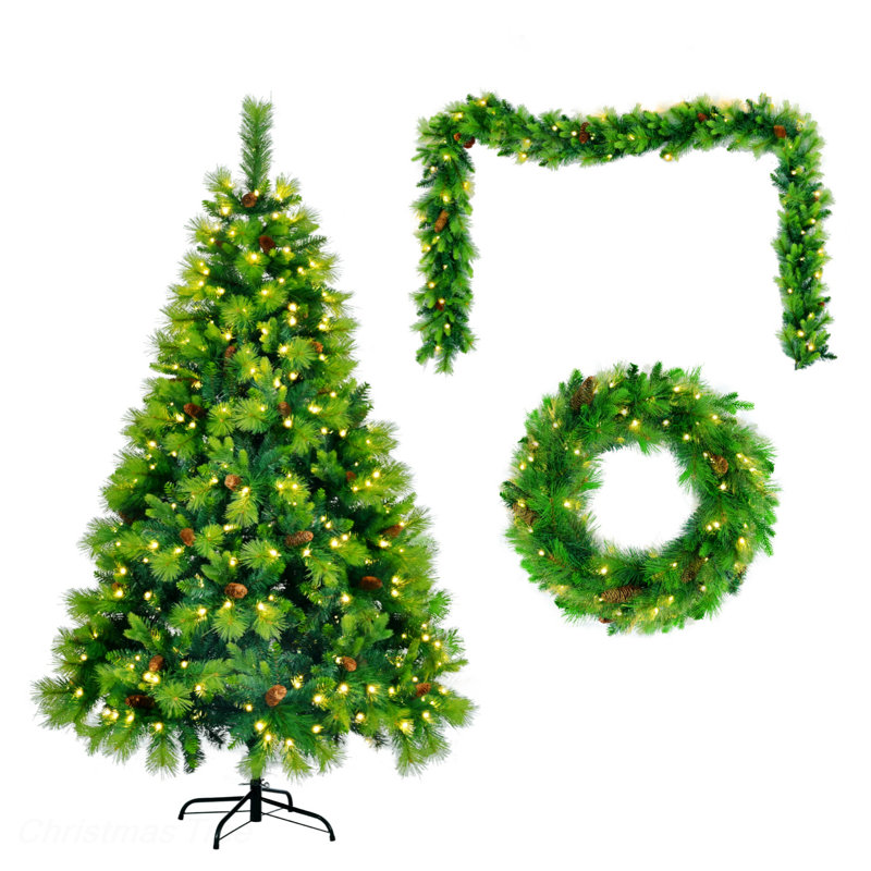 Christmas Tree, Pre-Lit Set With Tree, Garland And Wreath, Artificial Christmas With Pine Cones