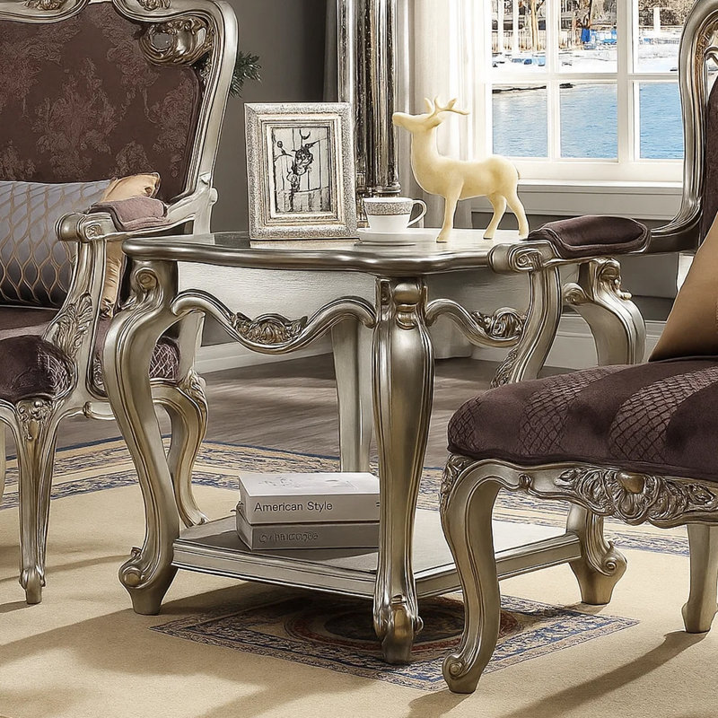 Vestavia  Side End Table, Scalloping, Polyresin Carvings and Bottom Shelf, Silver, Silver