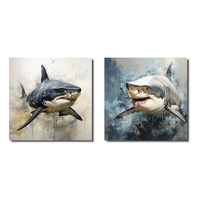 Grey Shark Shadows I - Coastal Animal Metal Wall Art Prints Square Set Of 2, 36" H x 72" W