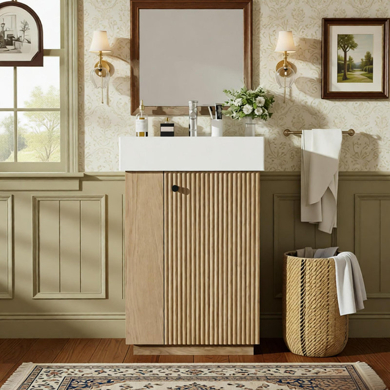 22" Freestanding Modern Right Door Wood Grain Cabinet With Open And Closed Storage For Small Bathrooms