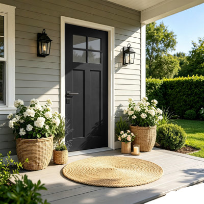 36"x80" Fiberglass Entry Door with 4 Lites 22"x15" Clear Glass, Modern Exterior Door with White 4-9/16" PVC Frame and Brickmould, Right Hand Inswing Front Door for Home Entrance, Black