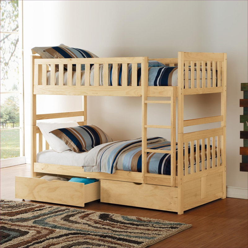 Lit superposé simple au-dessus de simple en bois massif pour le style transitionnel de la chambre d'enfant avec rangement sous le lit et garde-corps