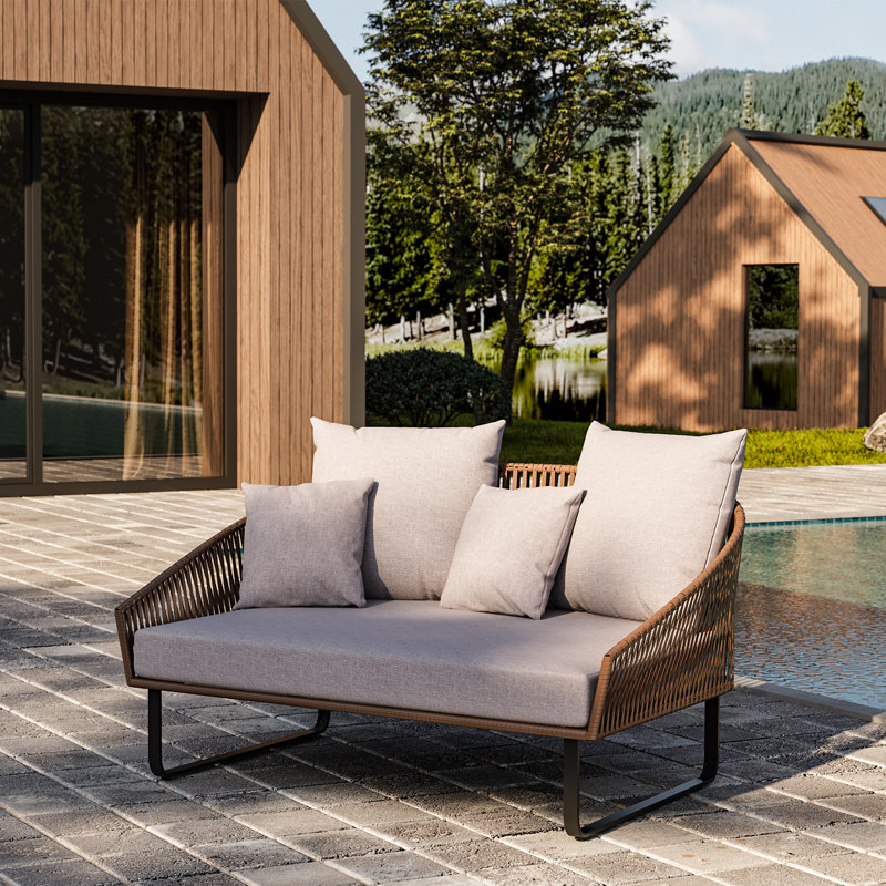 Lit de jour d'extérieur en rotin de 63 po de largeur avec coussin gris et structure en aluminium, coussins moelleux à haute résilience, causeuse d'extérieur pour le jardin, la cour arrière, le porche