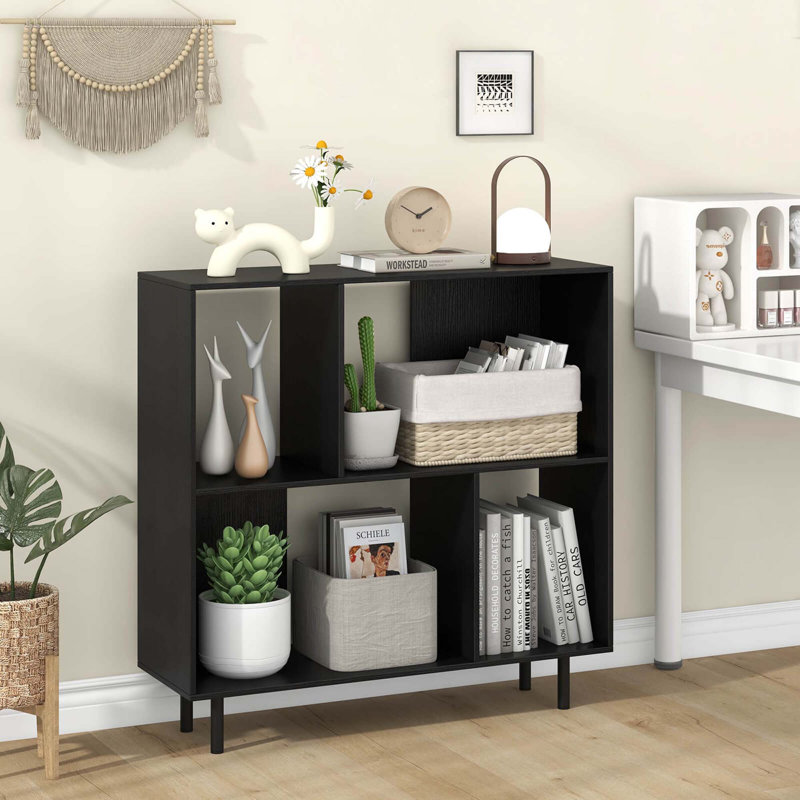 Open Shelf Bookcase Mid Century Modern Cube Bookshelf With 4 Compartments, Black