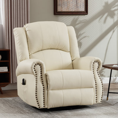 Aura 37.7" W Faux Leather Swivel Rocker Recliner With Heated Massage, Vintage Style by Lark Manor