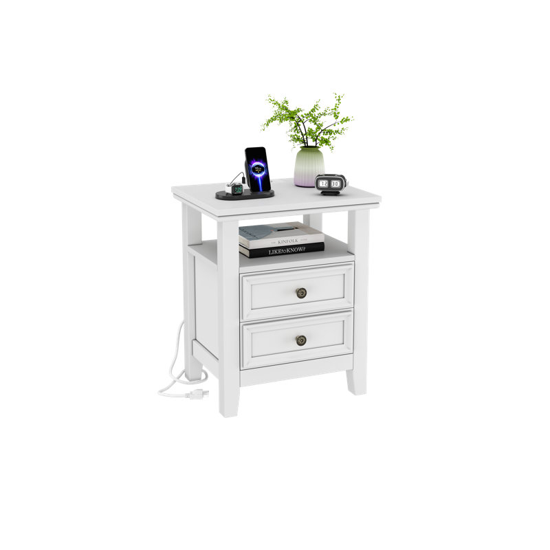 Farmhouse Nightstand With 2 Drawers Wood Besides Table With Charging Station End Table For Bedroom, Living Room, White