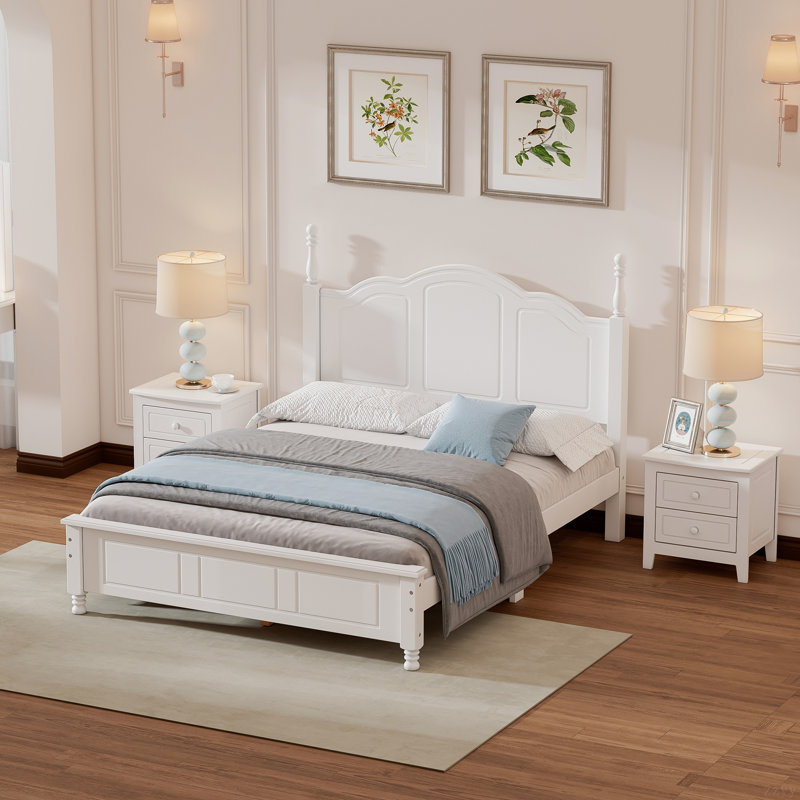Ensemble de chambre à coucher 3 pièces, lit plateforme en bois et deux tables de chevet, Double, Blanc