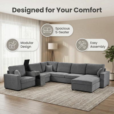 5-Seater Modular U-Shaped Sectional Sofa, 134" Large Family Couch with Chaise, Built-In Cup Holders, Storage Drawer, and Pillows, Soft Chenille Fabric for Living Room