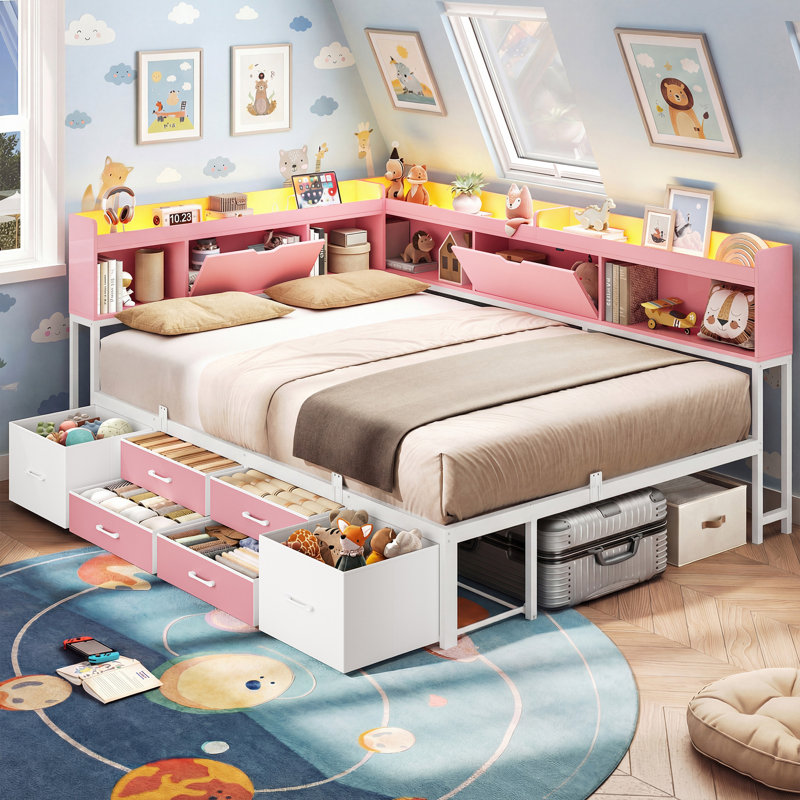 Full Corner Daybed Frame with 6 Drawers and Storage Bookcase Daybed with Charging Station and LED Lights, Pink, Full/Double