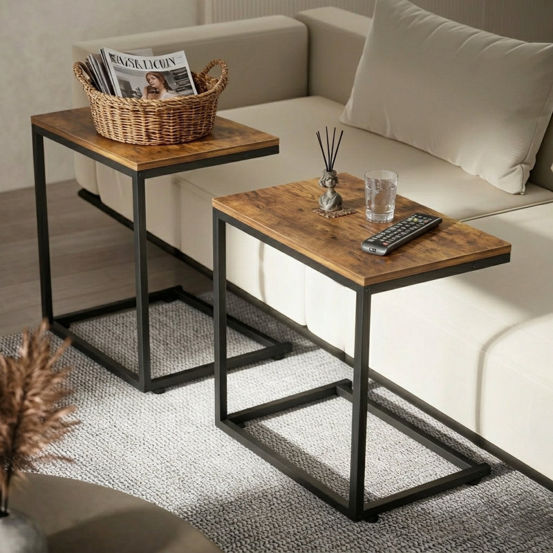 Ensemble de 2 tables d'appoint, plateaux en bois et structure en métal noir, tables basses modernes en forme de C pour chambre, canapé-lit, terrasse ou encore plateau télé pour salon.