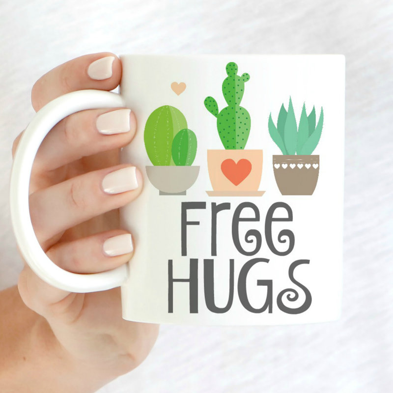 Grande tasse à café free hugs cactus