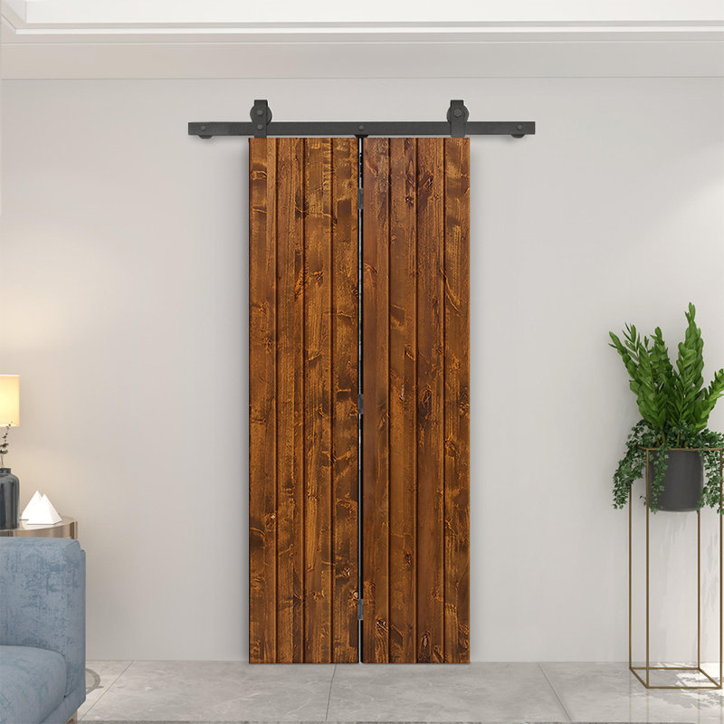 Porte de grange pliante en bois de pin avec quincaillerie coulissante, 36 po x 80 po, Noyer