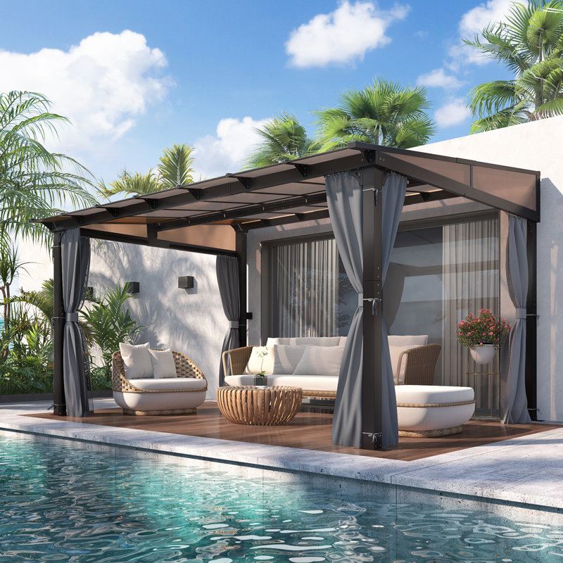 Outdoor Polycarbonate Hardtop Gazebo - Wall Mounted Aluminum Frame Gazebo with Slope Roof, 89.76" H x 157.48" W x 116.14" D