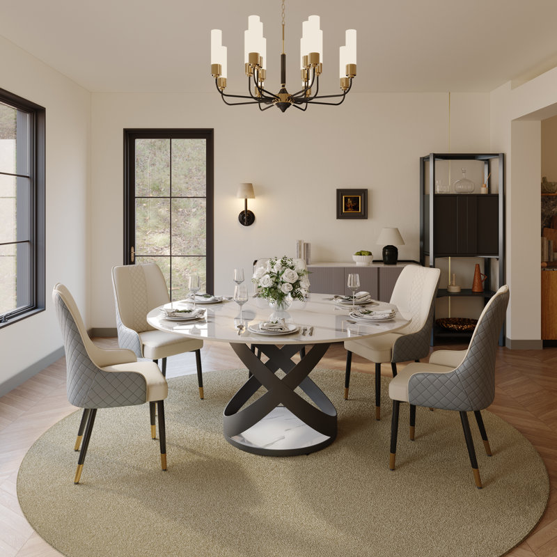 Maxwell Modern Round Dining Table for 4-8 with Sintered Stone Tabletop, X Carbon Steel Base Pre-Assembly, Glossy White/Black