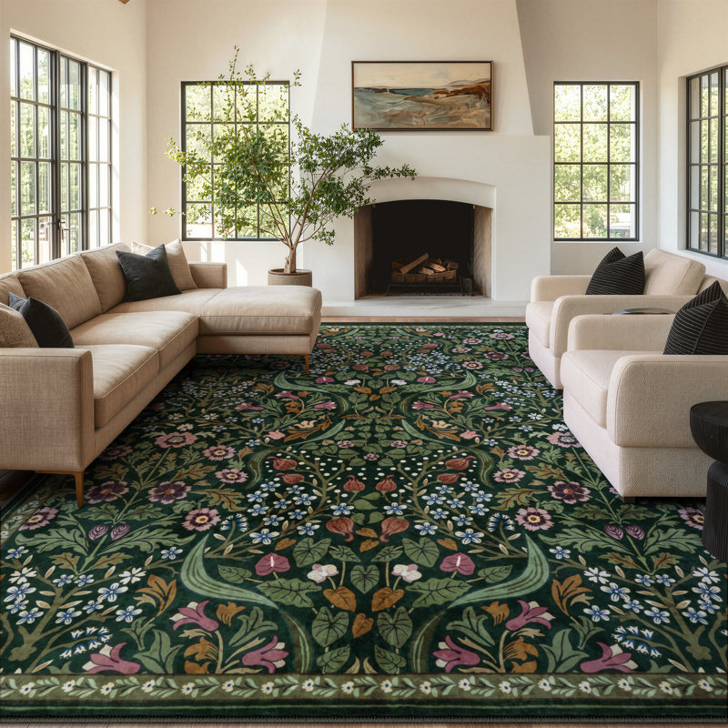Tapis lavable à motif floral Kaldi, Vert, Rectangle 10 pi x 14 pi