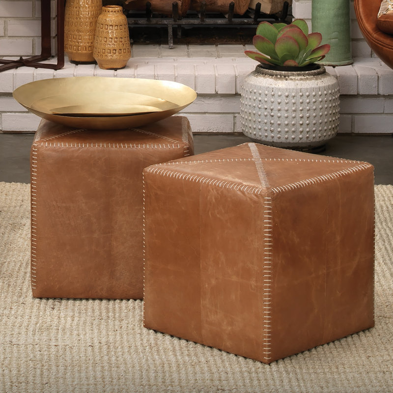 Square Pouf, Buff Leather, Small