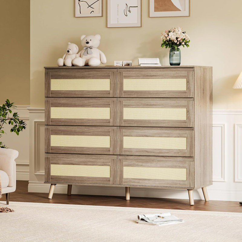 Rattan 6-Drawer Dresser with Wide Top, Large Double Wood Chest with Deep Drawers for Bedroom, Storage for Entryway, Hallway, Living Room, Natural