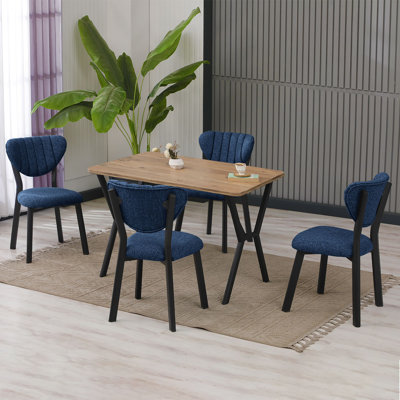 Ensemble de table et chaises de salle à manger extensible Modern (5 pièces), bleu marine et noyer | Panneau de particules 100% mélaminé, table: 43,3 po x 29,1 po x 27,2 po, chaises: 18,5 po x 33,5 po x 17,7 po | Structure en métal durable et tissu en lin doux, parfait pour les salles à manger élégantes