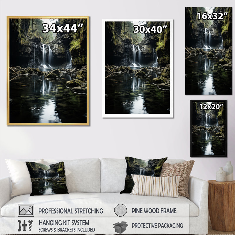 Cascade de reflets gris et verts - Paysages, art mural, salon, Toile tendue, H 20 po x l 12 po