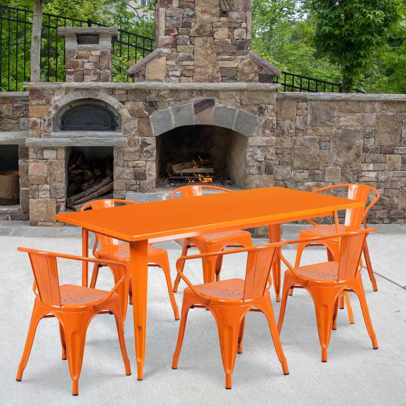 Ensemble de table rectangulaire intérieur / extérieur en métal 31,5 po x 63 po Lubron avec 4 fauteuils, Orange, 7