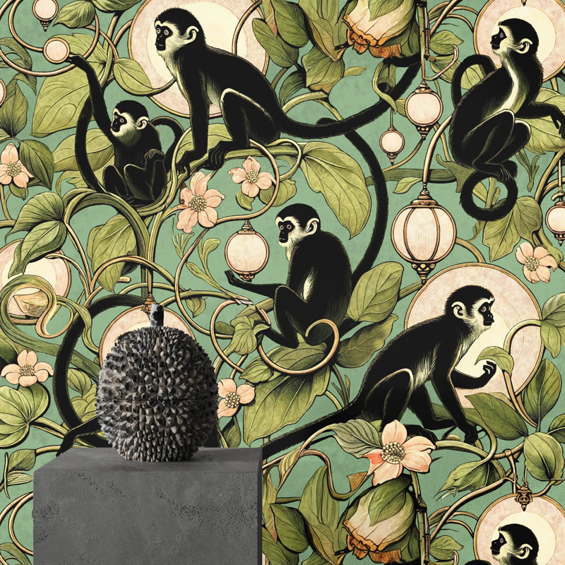 Whimsical Jungle Monkey Wallpaper in Pink, Green