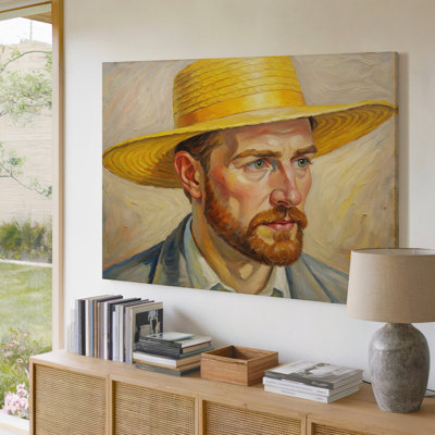 Oil Style Portrait Of Man With Straw Hat And Beard Modern Decor Canvas Wall Art Print For Living Room, Bedroom, Office, Hallway, Entryway, Gallery Wall And Modern Home Decor