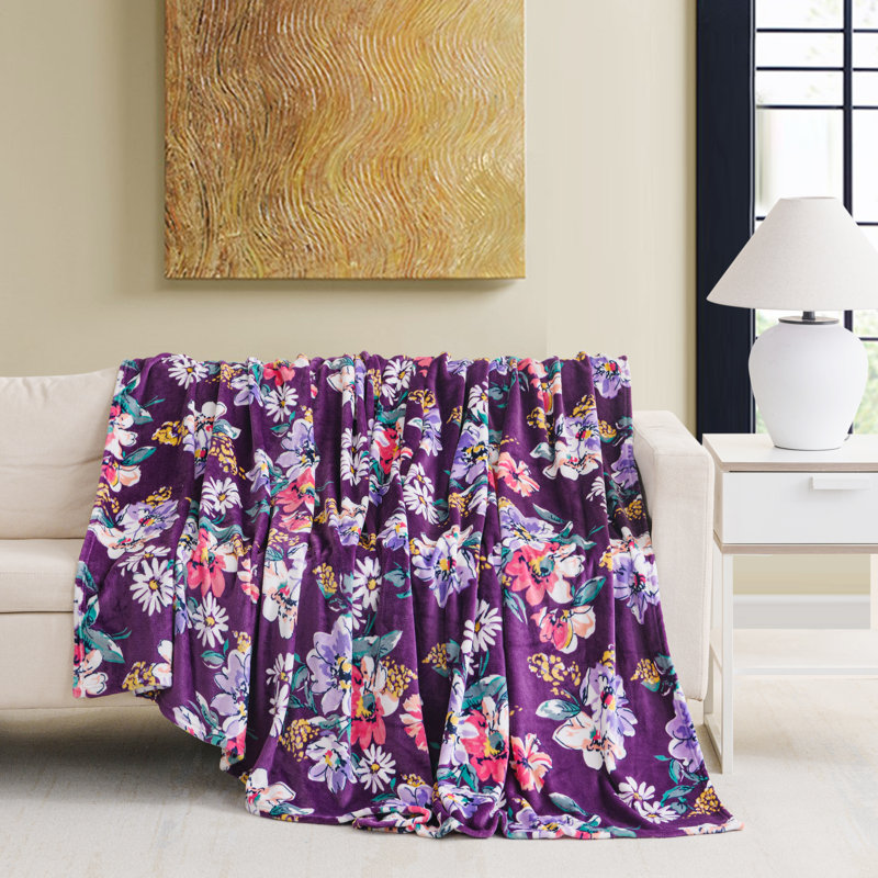 Couverture en peluche imprimée, Très grand, Mauve, Floral