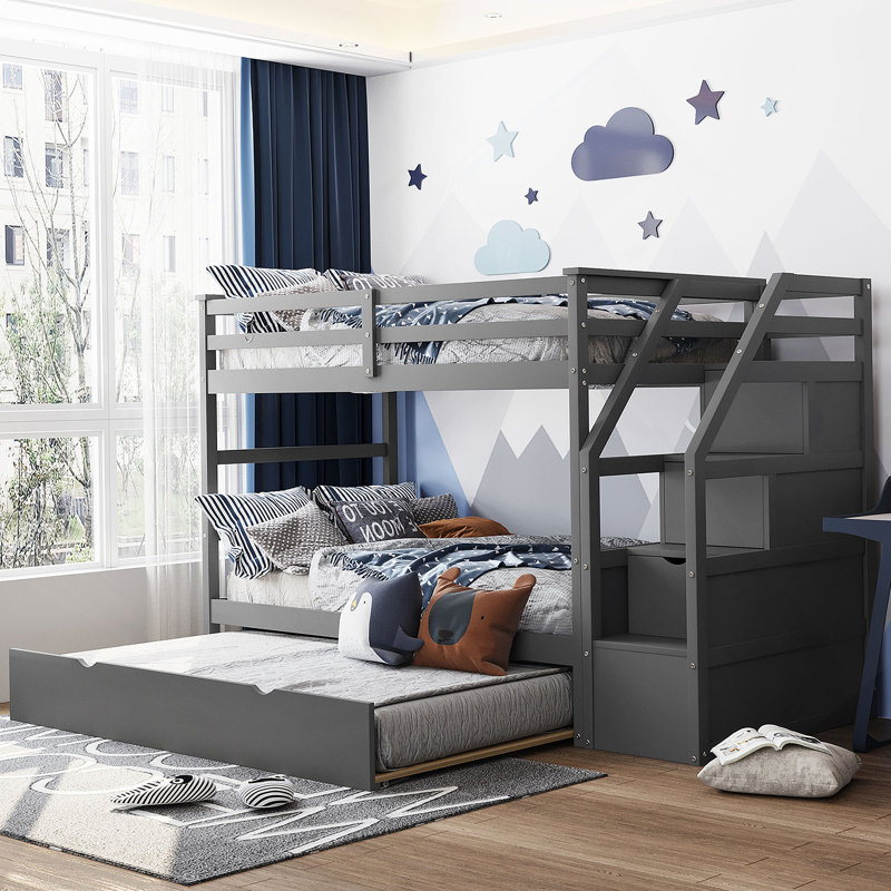 Lit superposé avec lit gigogne et rangement avec escalier SKU: LPAAE, Gris