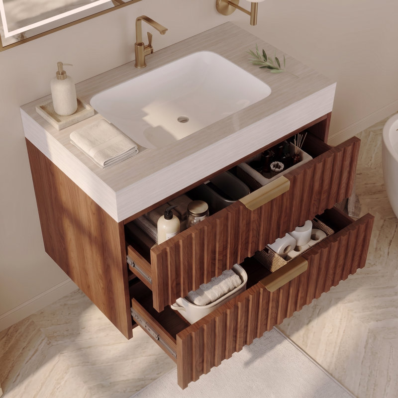 Meuble-lavabo flottant 30 po avec lavabo en céramique fritté sans soudure et 2 tiroirs à fixation murale, Gris Pierre